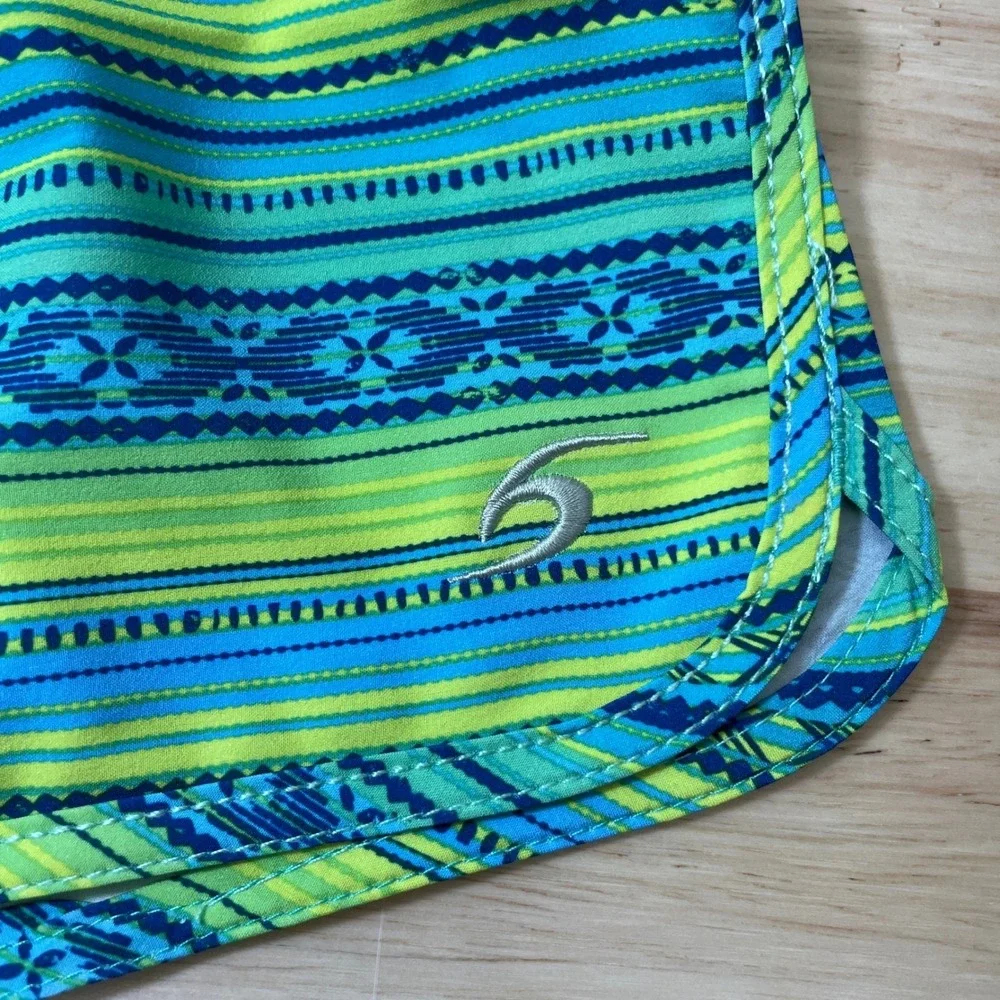 Surfcuz Women Board Shorts Size 32 Green Blue Geometric Stripe Swim Trunks NWT